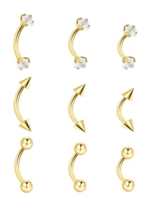 Yanxyad 9 chiếc khuyên xỏ lông mày vàng, khuyên xỏ tai bằng titan, khuyên xỏ vành tai bằng thép không gỉ mạ vàng, khuyên xỏ lông mày bạc cho nam nữ, khuyên xỏ môi nhỏ đính đá CZ, khuyên xỏ rốn, khuyên xỏ sụn tai, khuyên xỏ vành tai, kích thước 16G 6mm/8mm/10mm - Khuyên lông mày - Xem 1