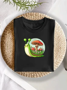 Cute Snail And Mushroom Fantasy Print Girls Cotton Graphic TShirt  Soft Breathable Tee For Summer, Casual Everyday Wear, Perfect Birthday Gift For Little Trendsetters - màu đen - Xem 3