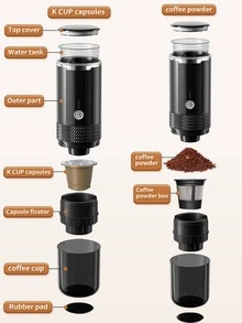 1 pieza Cafetera portátil inalámbrica, máquina de espresso portátil, cafetera para auto, recargable por USB, diseño portátil inalámbrico, compatible con café molido y cápsulas, adecuada para viajes, autocaravana, senderismo, camping, oficina, sin función de calentamiento - Ver 9
