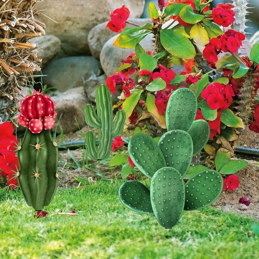 3 piezas Conjunto de decoración de jardín plana 2D de acrílico, Cactus de acrílico, impresión a doble cara, colores vibrantes, adecuado para jardín, patio, granja, placas decorativas y figuras - B - Ver 1