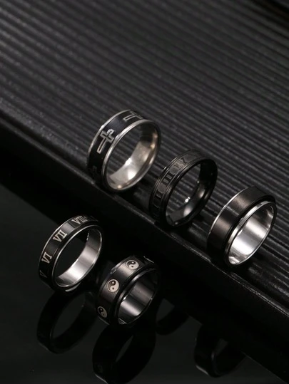 Set de 5 anillos de acero inoxidable de moda para hombres, en color plata y negro, que incluye diseños de letra romana, Tai Chi y cruz, giratorios, para aliviar la ansiedad, aptos para uso diario y vacaciones