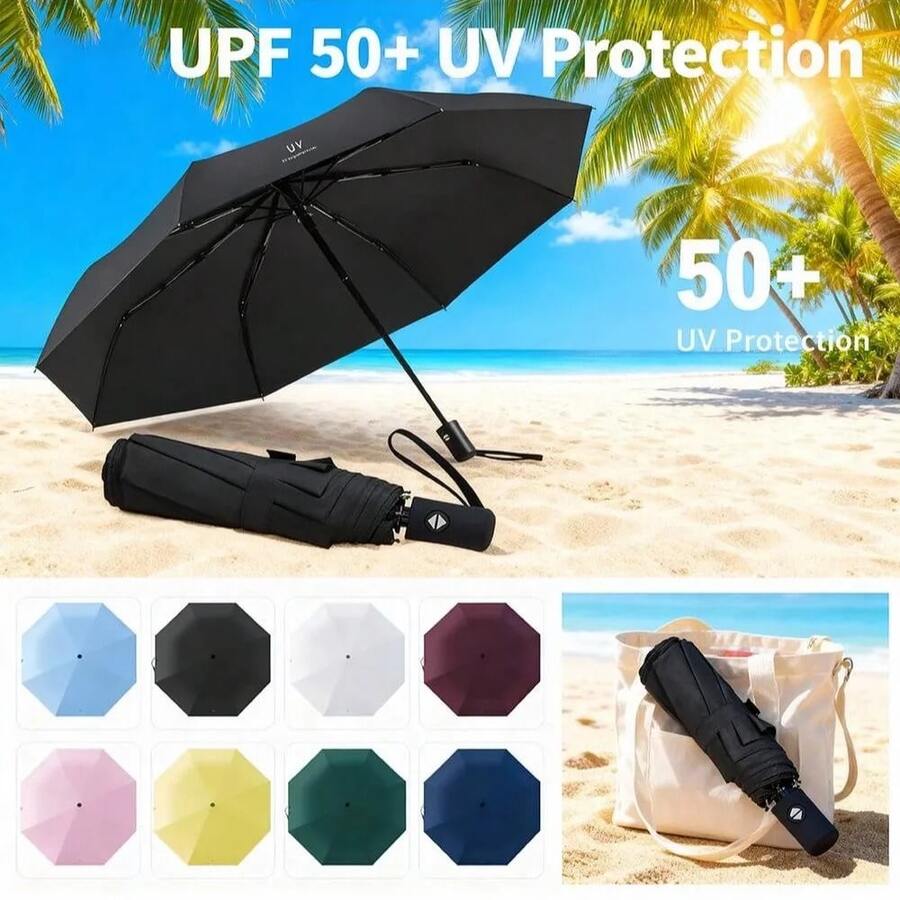 1pc Portable Foldable Manual Sun Umbrella, Rainproof, Cooling, UV Protection, Quick Dry, Solid Color, Suitable For Business Travel, Beach, Summer Outdoor Use, Foldable, Portable And Easy To Use - Multicolor - View 1