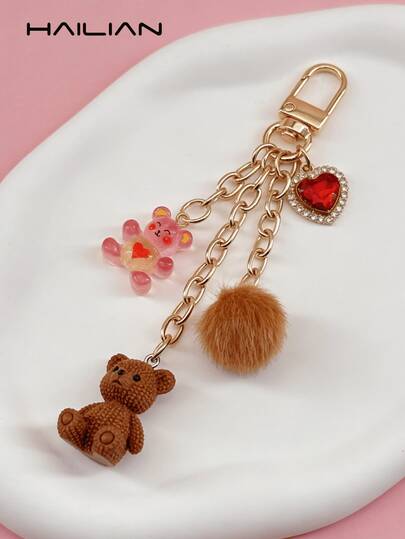 HAILIAN Kawaii Resin Bear & Fluffy Pom Pom Keychain, Sweet Heart Charm Bag Pendant, Aesthetic Backpack Decor For Daily & Party Use, Perfect Gift For Her Vacation Essentials Bag Accessories