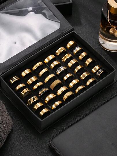 3/12 piezas Juego de anillos de acero inoxidable dorados para hombres, que incluye elementos de números romanos, cuadrícula, textura mate y texto grabado, adecuados para uso diario, festivales, citas, compromisos y bodas, regalo para amigos y familiares. Los estilos de los anillos se mezclan aleatoriamente en varios tamaños.