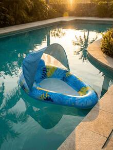 Inflatable Floating Lounger, Swimming Pool Floating Chair, Leaf Print Floating Bed, Vacation Floating Device, Thickened PVC Floating Chair, Mesh Breathable Floating Lounger. Made Of Thickened PVC Material, Wear-Resistant And Leak-Proof, And Durable. Fresh And Eye-Catching, With Built-In Sunshade Design For Effective Sun Protection. Equipped With Mesh Backrest And Seat Area, Breathable And Non-Slip For Comfortable Lying. - With Canopy - View 9