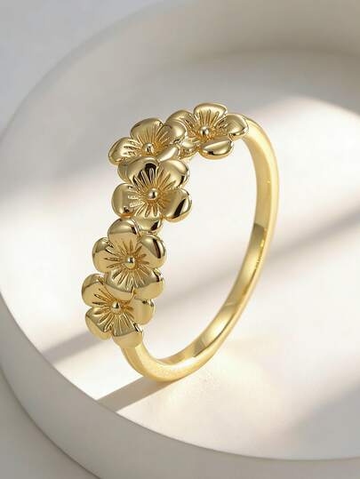 Charm-In Minimalistyczny pierścionek z cyrkoniami z trzema kwiatami | Miedź platerowana 18-karatowym złotem | Obrączka z kwiatowym wzorem do łączenia | Prezent ślubny i na Dzień Matki dla niej