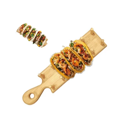 Giá đỡ bánh taco bằng gỗ, khay đựng bánh taco bằng gỗ, có thể chứa 5 bánh taco vỏ mềm hoặc vỏ cứng, cũng thích hợp cho bánh tortilla, burrito, bộ dụng cụ phục vụ bằng tre, khay sắp xếp, tuyệt vời cho bánh tortilla, burrito, dùng trong gia đình, tiệc tùng, sinh nhật và nhà hàng.