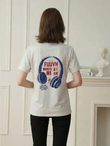 Japanese Style Loose Street Fashion Rabbit Graphic Print Short Sleeve T-Shirt, Summer - Light Grey - View 2