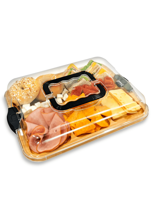 Portable Bamboo Meat Platter With Transparent Lid, Picnic Accessory, Bamboo Tray With Lid, Housewarming Gift, Black Handle, Can Also Be Used As A Cheese Board, Suitable For Couples, Weddings, Engagements, Housewarmings, Gift Exchanges, Bridal Showers.