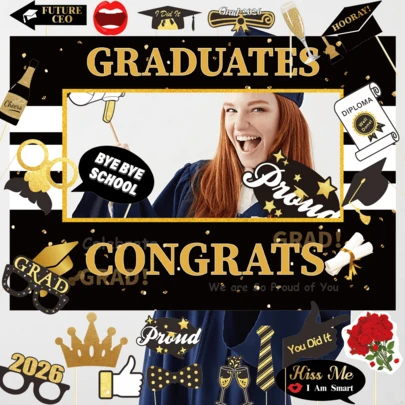 20/35pcs Graduation Photo Prop Graduation Photo Frame Kit 2026 Fun Photo Booth Props Hats Lipstick Tie Crowns Design Paper Selfie Props For Graduation Party Graduation Decorations