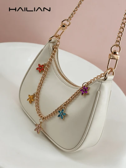 HAILIAN Colorful Crystal Flower Bag Charm Chain, Gold Metal Purse Extender Strap, Cute Bag Accessory For Crossbody & Shoulder Bags Kawaii Vacation Essentials Bag Accessories Bag Straps Bag Chain Accessoires Teacher Gifts