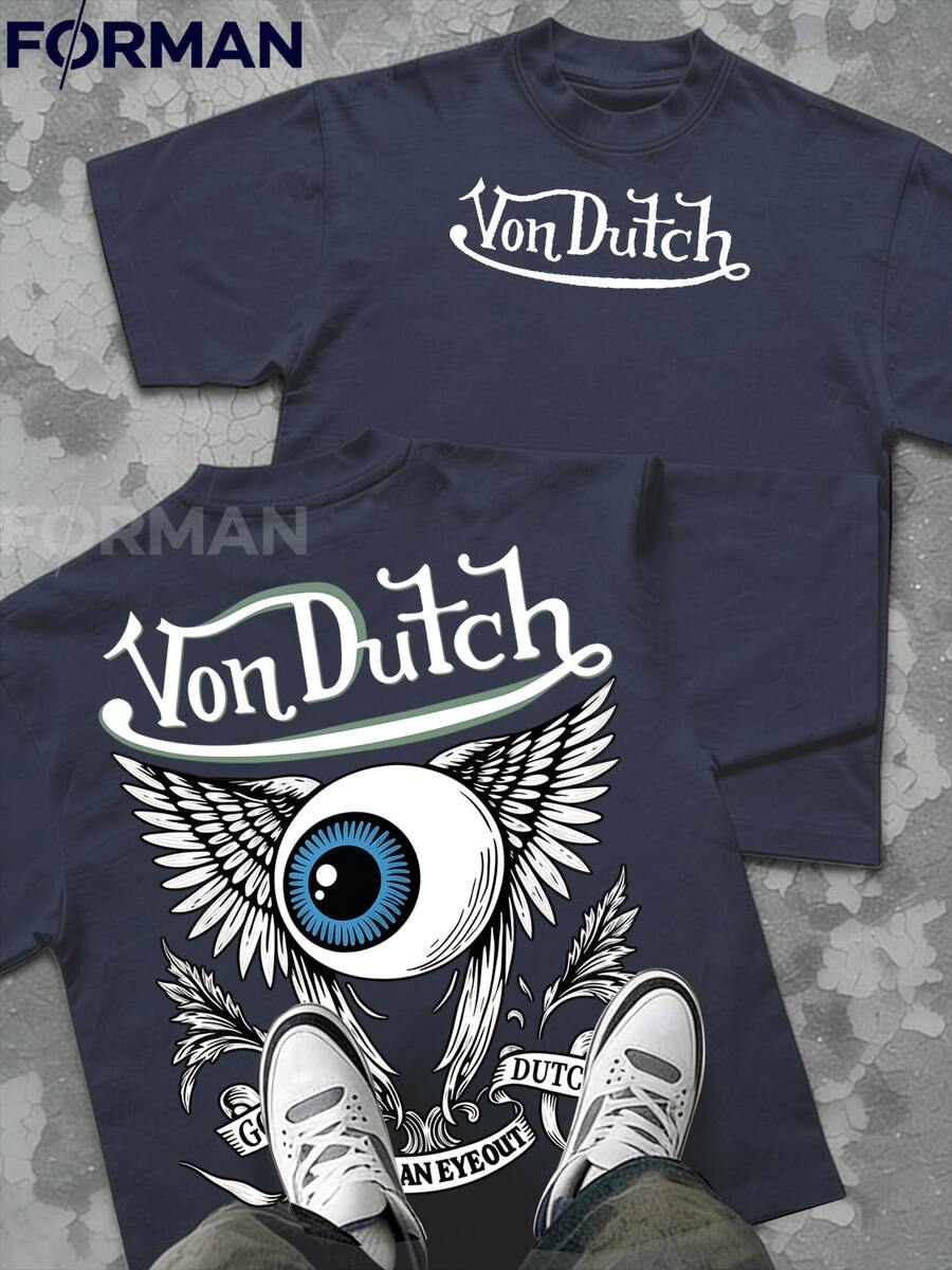 V-On-Dutch Motorcycles Speed Shop Built For Speed Men's Summer Cotton Graphic Tee Double Sided Printed Casual Short Sleeved Shirt Ideal Father's Day Gift Men's Clothes Streetwear Style Outfits - 藏蓝色 - 查看 1