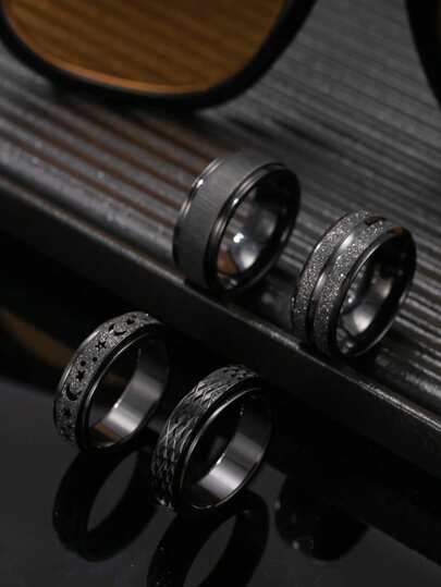 4pcs Fashionable Stainless Steel Black Ring Set For Men, Includes Star & Moon Matte Elements, Suitable For Daily Wear & Holiday Accessories