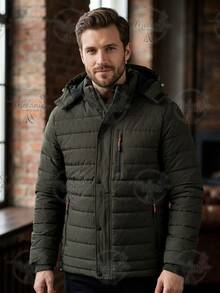 Men's Lined Thermal Jacket/Bobby Jacket, Nylon, With Removable Hood - Army Green - View 3