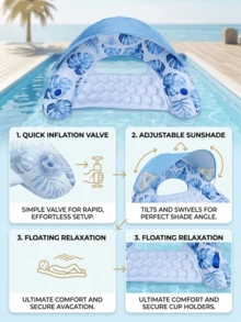 Inflatable Floating Lounger With Canopy, Leaf Print Floating Chair With Cup Holder, Foldable Thick PVC Pool Float, Durable And Waterproof, Ergonomic Design For Comfortable Lounging, Suitable For Pool, Beach And Vacation - Floating Rafts - View 6
