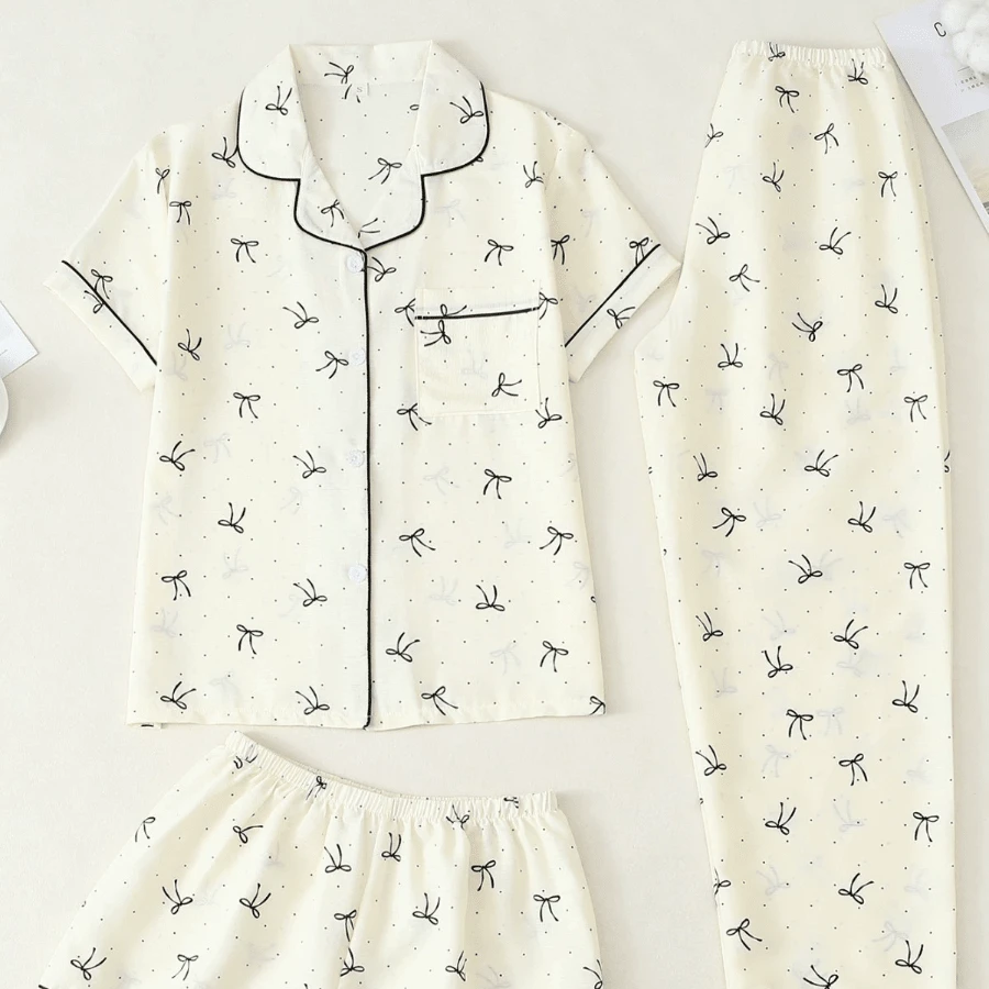 Three Piece Cute Pajama Set For Women, Printed Short Sleeved Shorts And Pants Set, Comfortable To Hit, Home Casual Set - Yellow - View 1