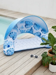 Inflatable Floating Lounger With Canopy, Leaf Print Floating Chair With Cup Holder, Foldable Thick PVC Pool Float, Durable And Waterproof, Ergonomic Design For Comfortable Lounging, Suitable For Pool, Beach And Vacation - Floating Rafts - View 8