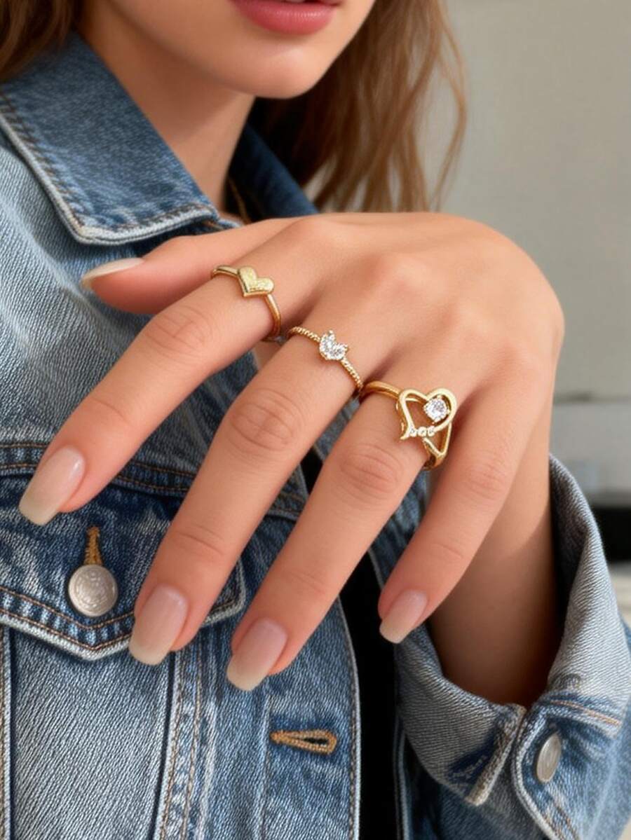 3pcs Set Cubic Zirconia Inlaid Heart Shaped Rings, Suitable For Women's Daily, Party, Date Wear, Stackable, Perfect Gift - Yellow Gold - View 1