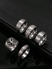 Set de 5 anillos de acero inoxidable de moda para hombres en color plata, que incluye elementos de cruz, mate y piel de serpiente, adecuados para el uso diario y como accesorios para vacaciones - Plateado - Ver 8
