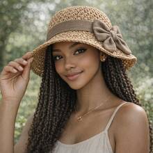 Vintage Ruffled Bow Straw Hat • Elegant French Sun Hat • Foldable & Breathable • Perfect For Travel & The Beach - Màu Khaki - Xem 6