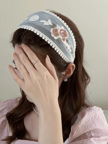 1pc New Embroidered Mesh Lace Flower Side Headband Niche Design Headwear Back Of Head Temperament Sweet Hairpin - Baby Blue - View 1