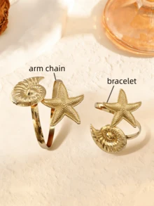 2件套贝壳和海星造型金属手镯和臂环套装，适合女性在海滩、派对和各种场合佩戴。 - 彩色 - 查看 3
