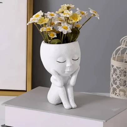 1pc Cute Flower Pot Decor, Resin Art Figurine, Nordic Ins Style Desktop Storage Tube, Home Soft Furnishing Flower Pot, Healing Art Decor, Chin-Resting Face Planter, White Minimalist Texture, Suitable For Home/Office/Vanity, Flower Arrangement & Storage