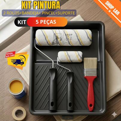 KIT PINTURA 5 PEÇAS POLIPOP KIT COMPLETO ROLO 23 E 9 CM PINCEL 2'' BANDEJA SUPORTE