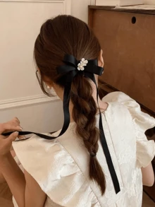 2pcs French Camellia Bow Streamer Small Grabber Female Retro Ballet Style Double Ponytail Hairpin Korean Style Half-Tied Hairpin - Black - View 1