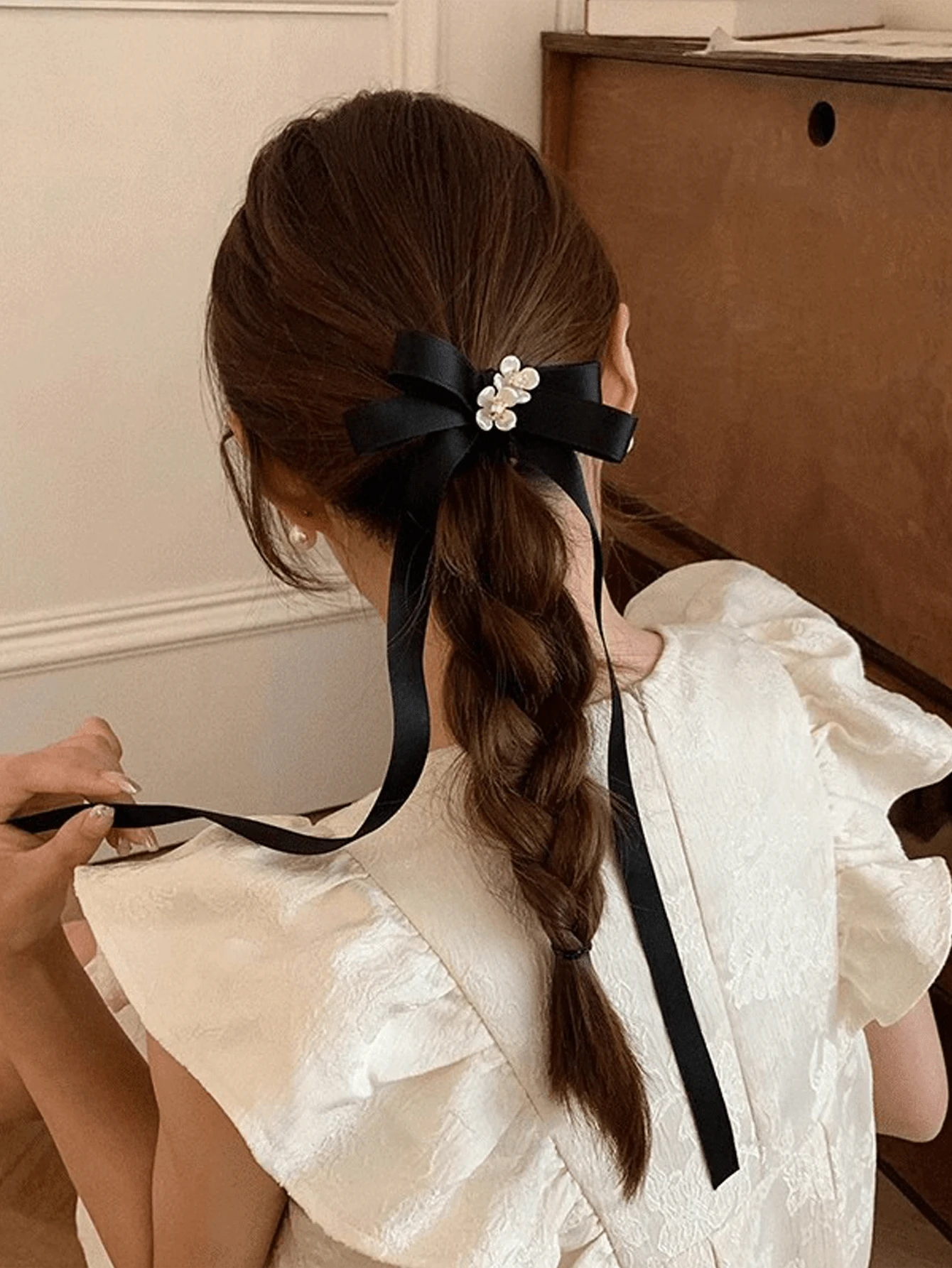 2pcs French Camellia Bow Streamer Small Grabber Female Retro Ballet Style Double Ponytail Hairpin Korean Style Half-Tied Hairpin - Black - View 1