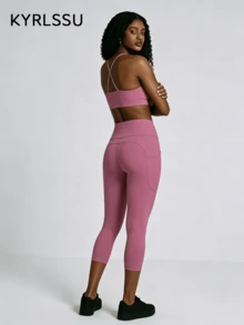ZULIZ KYRLSSU Women's Dusty Pink High Waist Side Pocket Capri Leggings, Workout & Casual Athletic Bottoms - Pink - View 3