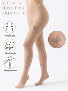 甜美3D蝴蝶水钻连裤袜，Y2K复古风薄丝袜，性感修身不透明连裤袜，高弹力渔网长袜 - 彩色 - 查看 1