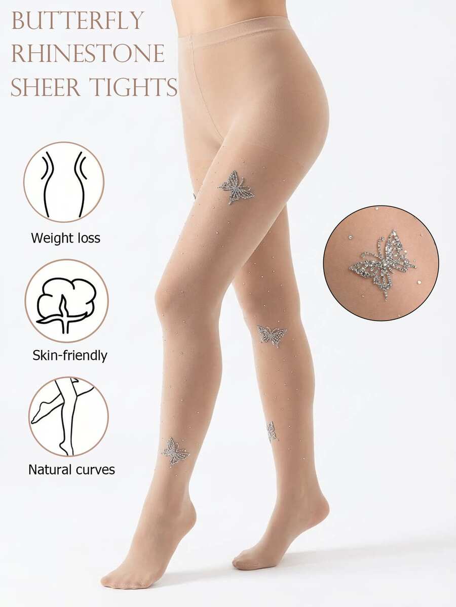 甜美3D蝴蝶水钻连裤袜，Y2K复古风薄丝袜，性感修身不透明连裤袜，高弹力渔网长袜 - 彩色 - 查看 1