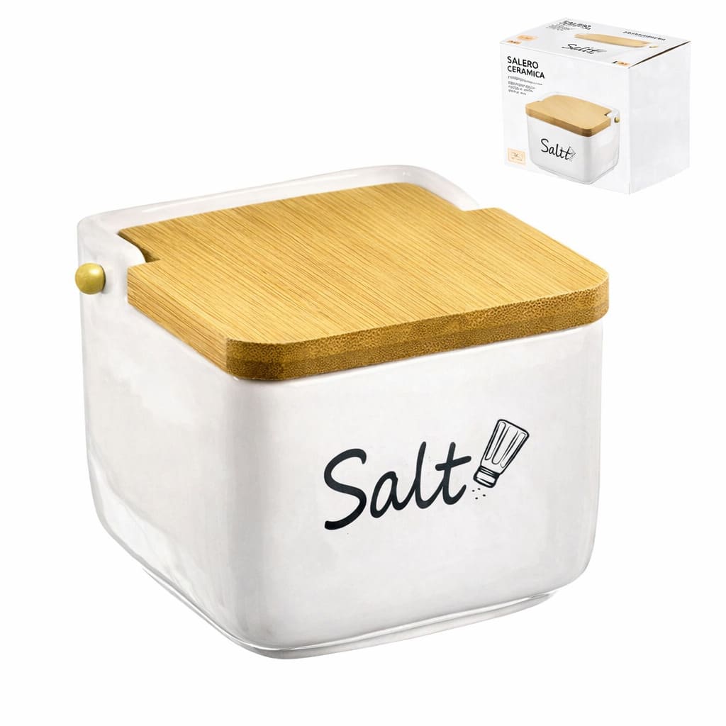Tarro de Condimentos de Cerámica con Tapa de Madera, Recipiente de Cocina Antihumedad con Cuchara - Blanco - Ver 1