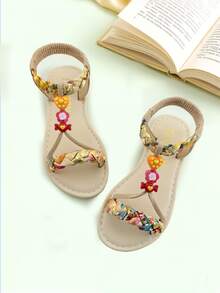 1 Pair Beige Fashion Children's Sandals, Girls' Flat Sandals, Bohemian , Colorful Woven Straps, Multiple Decorative Accessories, Lightweight & Comfortable, Soft Non-Slip Sole, Suitable For Summer Outings, Banquets, Beach Parties, Weddings, Vacations, Daily Wear, Beach Sandals, Girls' Sandals - Red - View 1