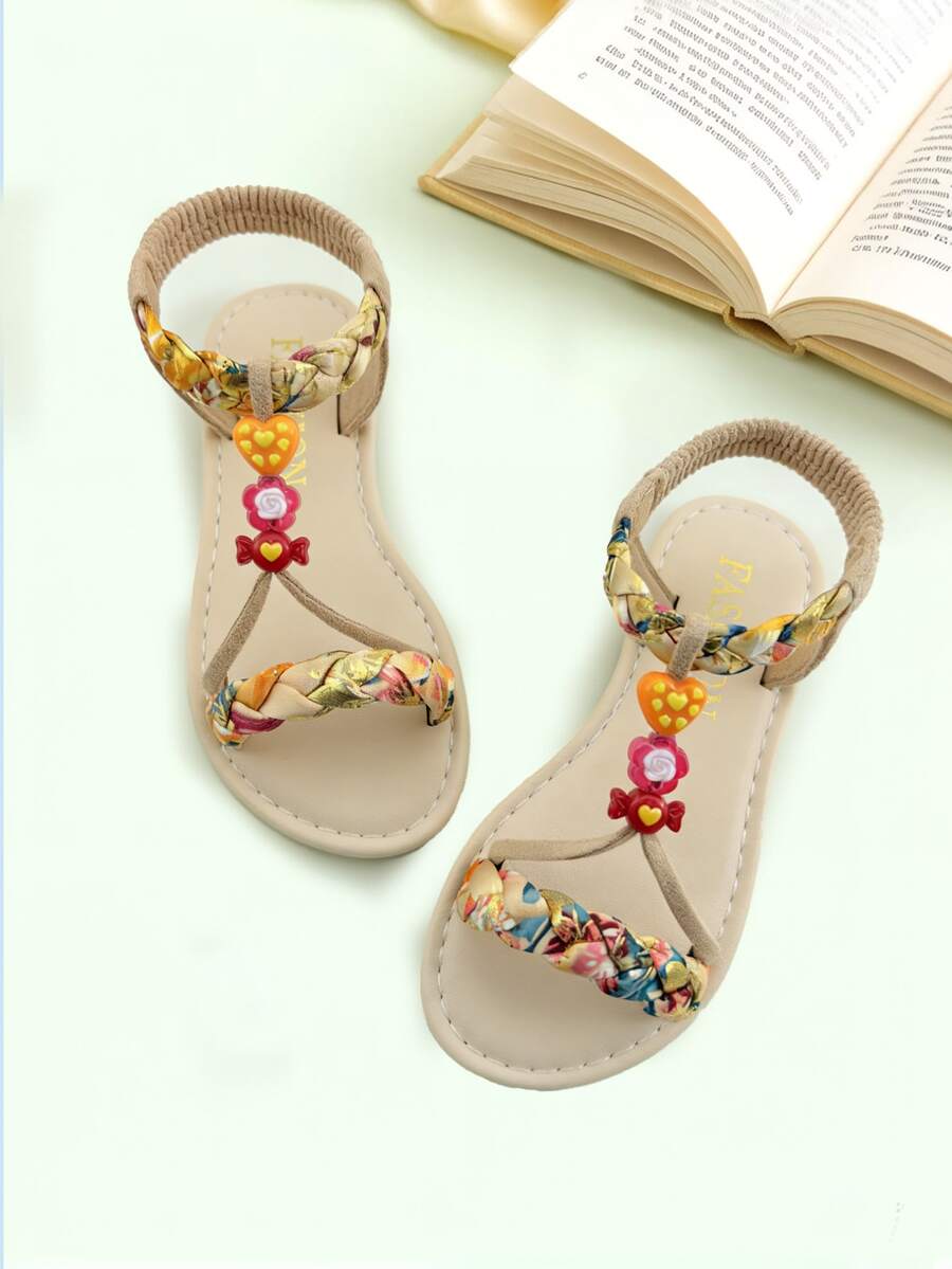 1 Pair Beige Fashion Children's Sandals, Girls' Flat Sandals, Bohemian , Colorful Woven Straps, Multiple Decorative Accessories, Lightweight & Comfortable, Soft Non-Slip Sole, Suitable For Summer Outings, Banquets, Beach Parties, Weddings, Vacations, Daily Wear, Beach Sandals, Girls' Sandals - Red - View 1