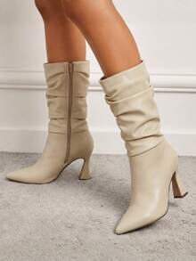 Women's Accordion-Style Mid-Calf Boot, Minimalist, Casual, Stylish - 米白色 - 查看 1
