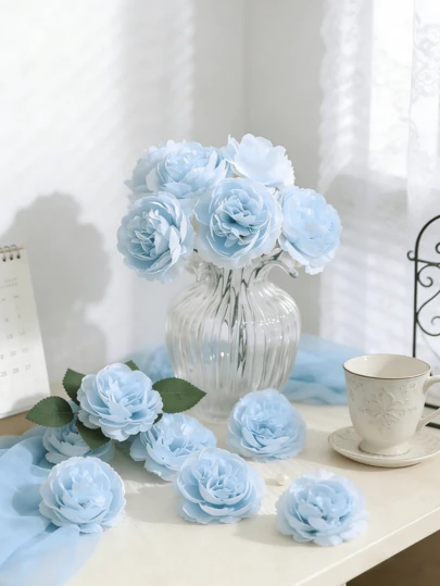 6pcs Artificial Blue Peony Flower Heads, Silk-Like Fake Peony Flowers For Wedding Party Decor, Cake Decor, Home Living Room Tabletop Decor, Autumn Party Decor, Harvest Festival Dining Table Centerpiece, Wreath Decor