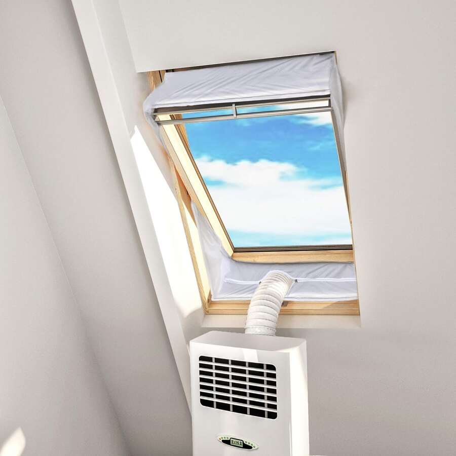 Fensterabdichtung Klimaanlage für Dach- & Kippfenster – AC Fensterabdichtung mit Reißverschluss, Universal Fenster Kit für Mobile Klimageräte & Abluftschlauch - Weiß – 190 cm - Übersicht 1
