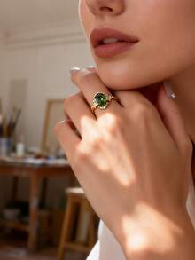 1 chiếc nhẫn đá Cubic Zirconia màu xanh ô liu lấp lánh, thanh lịch, thích hợp cho nữ đeo hàng ngày, lễ đính hôn, đám cưới, hoặc làm quà tặng thời trang dịp lễ. - Vàng - Xem 2