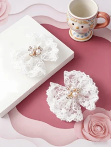 2件套新款奢华珍珠发夹套装，飘逸蕾丝蝴蝶结刘海夹，优雅发饰 - 白色 - 查看 3