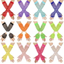 2只装女士80年代霓虹街头派对朋克水钻渔网露指手套，万圣节派对嘉年华母亲节礼物 - 彩色 - 查看 1