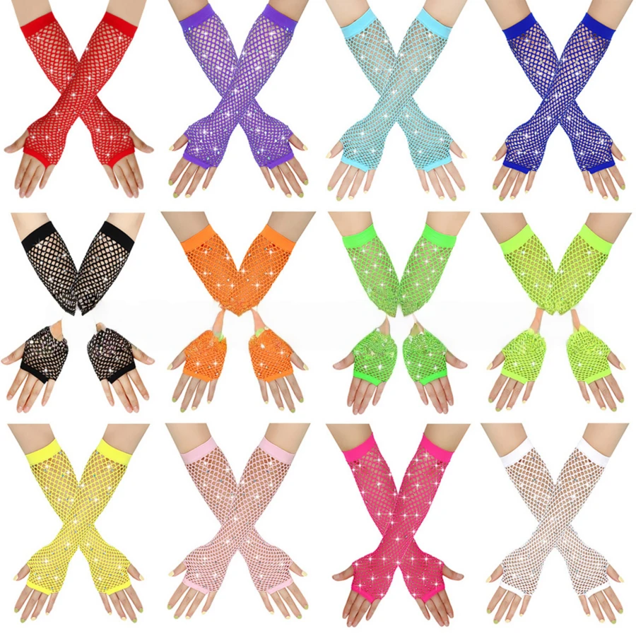 2只装女士80年代霓虹街头派对朋克水钻渔网露指手套，万圣节派对嘉年华母亲节礼物 - 彩色 - 查看 1