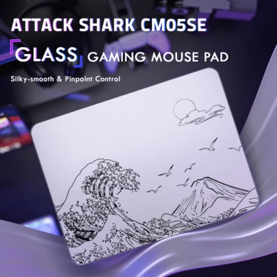 ATTACK SHARK CM05SE 玻璃游戏鼠标垫，纳米微蚀刻纹理，光滑玻璃表面，高精度，快速移动，防刮擦，PU 皮革超防滑底座，小尺寸（410*310mm）