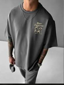 GRDR 男士可爱字母印花短袖T恤，适合夏季穿着，引领时尚潮流 - 深灰色 - 查看 5