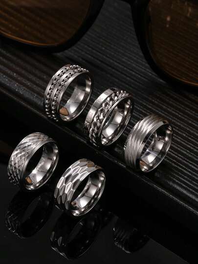 5 piezas set anillos de acero inoxidable plateados de moda para hombre, incluye cuentas de doble hilera y elementos de rayas diagonales, adecuados para uso diario y accesorios para ocasiones especiales.
