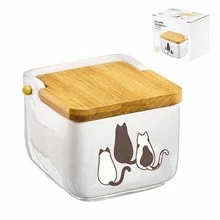 Tarro de Condimentos de Cerámica con Tapa de Madera, Recipiente de Cocina Antihumedad con Cuchara - Blanco - Ver 7