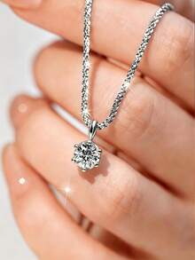 Stainless Steel Shiny Bling Necklace | Shiny Choker Necklace, Eternal Wedding Necklace, Inlaid Synthetic Cubic Zirconia, Suitable For Daily Wear, Banquet, Wedding, Luxury Jewelry Gift, Women Necklace, Mother's Day Gift - Six-prong Pendant Necklace - View 14