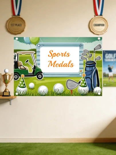 1pc Customized Golf Theme Backdrop, Durable Vinyl Background Suitable For Home Gatherings, Birthday Parties, Weddings, Christmas, Thanksgiving, Indoor/Outdoor Decor, Photography Studio Props. Four Corners With White Satin Ribbon Holes. Available In 3 Sizes. 2D Flat Design.