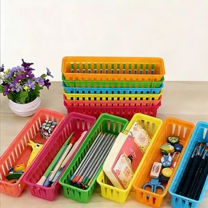 6pcs Colorful Desktop Organizer Storage Baskets, Hollow Design, Suitable For Kitchen, Cosmetics, Snacks, Stationery Storage In Office, School And Home - Durable Plastic Desktop Storage Boxes